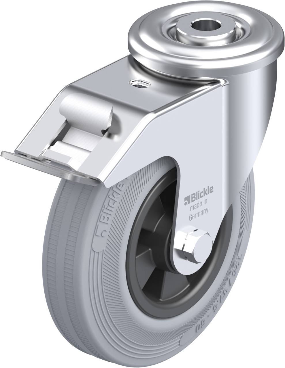 Ein silbernes Lenkrollenrad aus Metall und Gummi. Auf der Seite steht 'Blickle made in Germany'. Geeignet für den industriellen Einsatz.