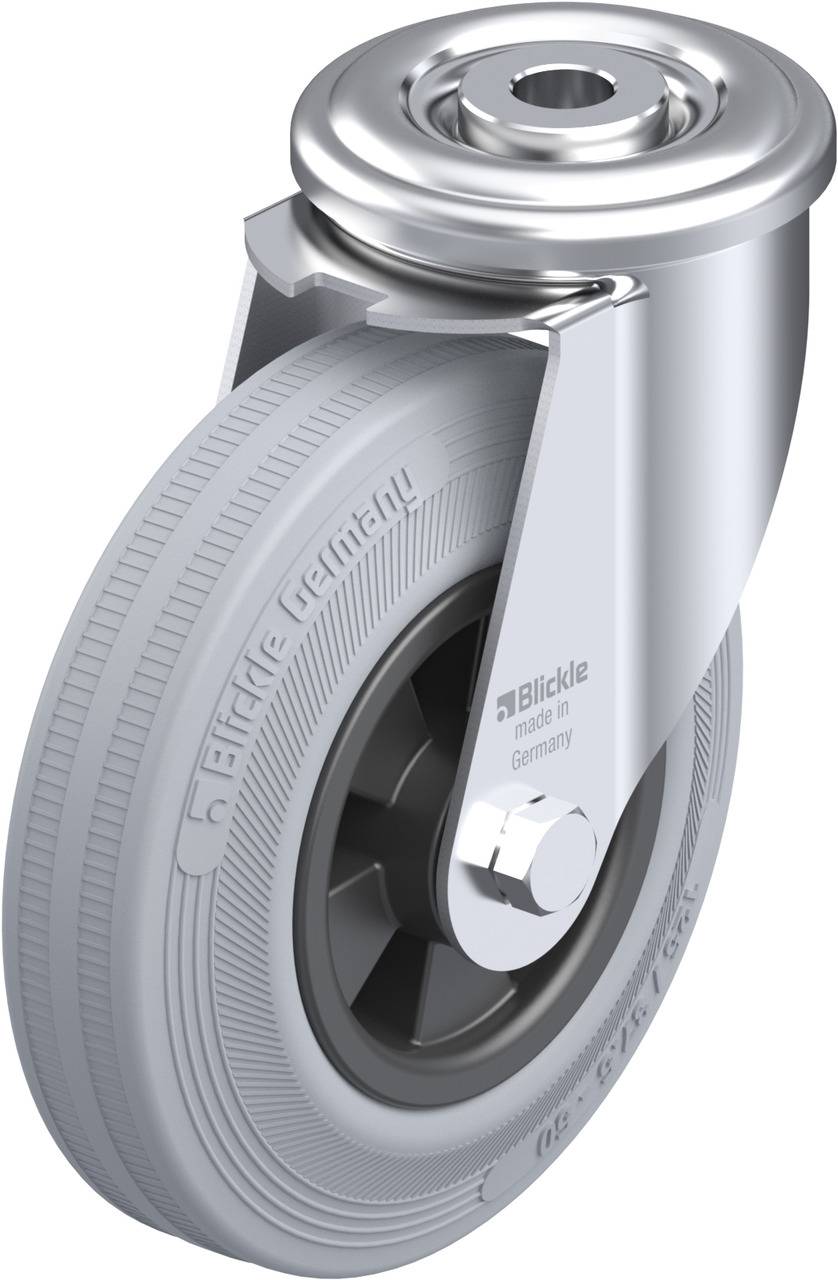 Rollenrad aus Metall und Kunststoff mit Details zur Marke und Herkunft, geeignet für industrielle Anwendungen.