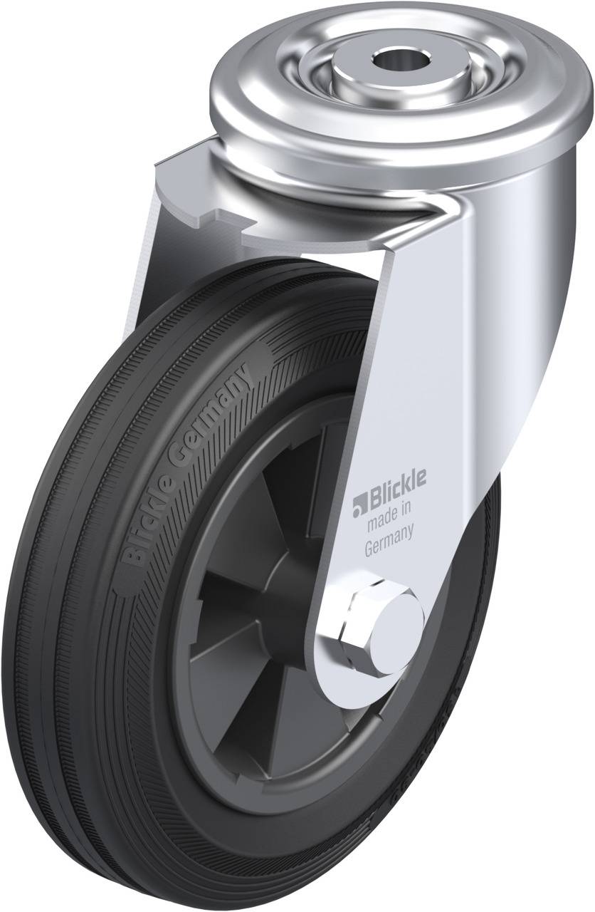 Ein schwarzes Rad mit glänzendem Metallgehäuse, beschriftet mit 'Blickle made in Germany', speziell zur Befestigung an Geräten.