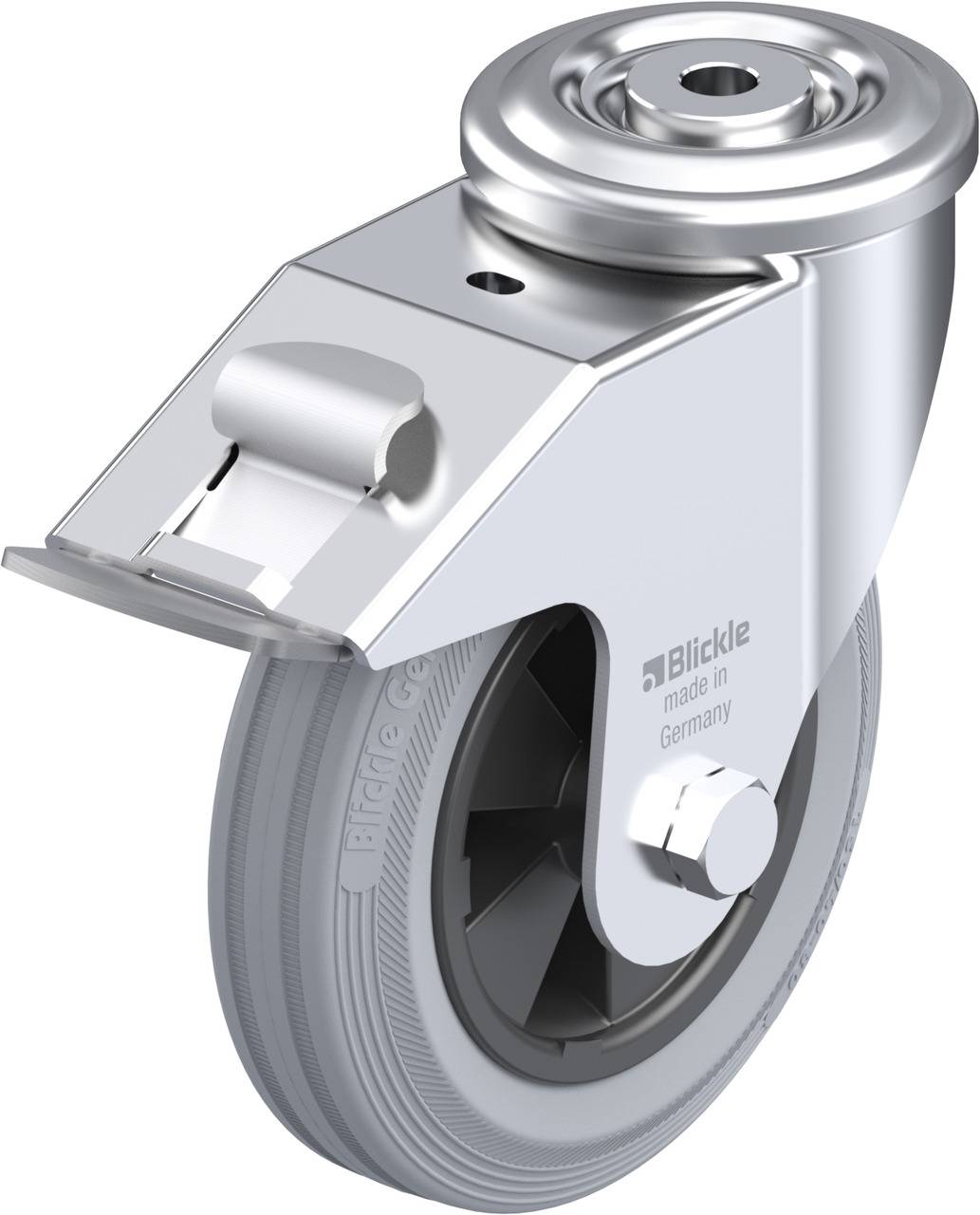 Metallisches Schwerlast-Lenkrollenrad mit grauem Gummireifen und Befestigungsplatte. Aufschrift 'Blickle made in Germany'.