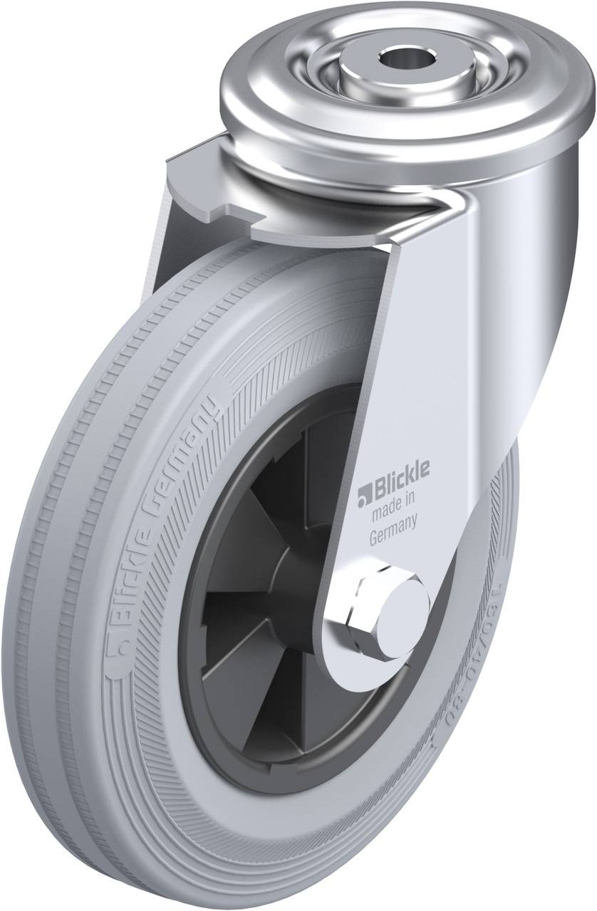 Schwenkrolle aus Metall und Gummi mit der Aufschrift 'Blickle made in Germany' auf der Seite. Geeignet für industrielle Anwendungen.