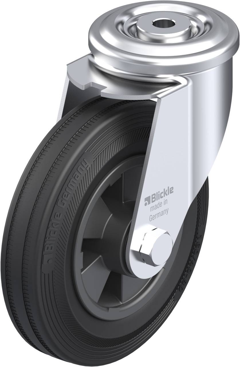 Eine schwarze Lenkrolle mit silbernem Gehäuse. Die Aufschrift 'Blickle, made in Germany' ist auf der Seite zu sehen.