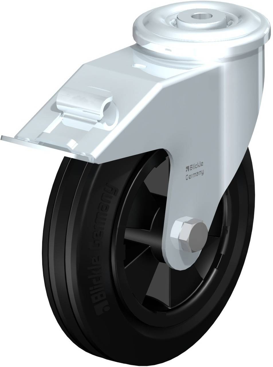 Schwenkbares Rad aus Metall und Gummi an einer Halterung, geeignet für industrielle Anwendungen. Hauptsächlich schwarz und silbern.