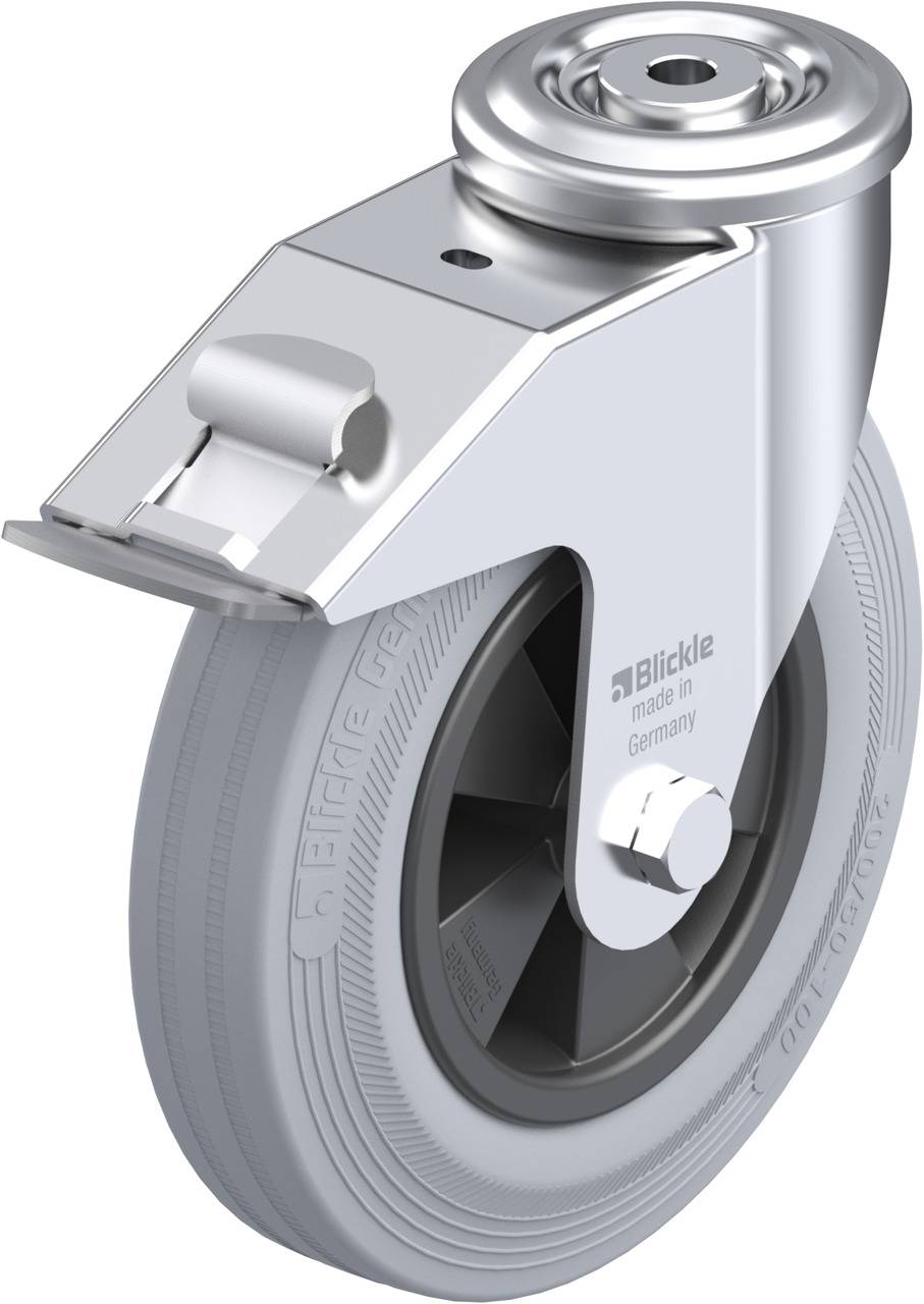 Ein graues Bockrad mit Gehäuse, Markierung 'Blickle made in Germany'. Entworfen für robuste Anwendungen, glatte Metalloberfläche.