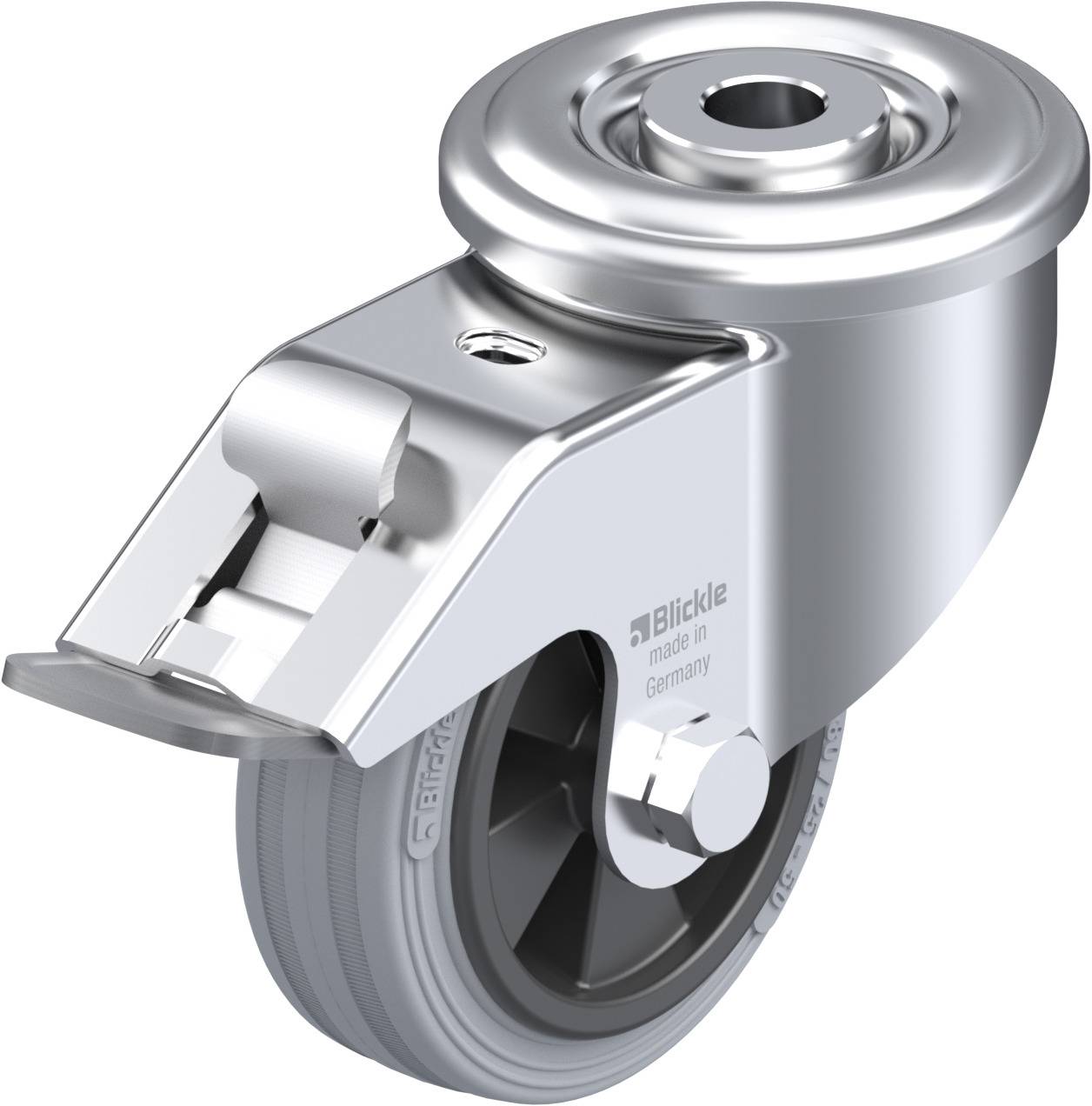 Lenkrolle aus Metall mit grauem Rad, geeignet für industrielle Anwendungen, mit Beschriftung 'Blickle made in Germany'.