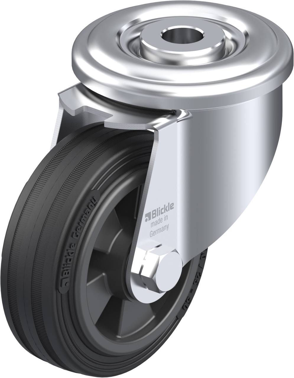 Schwenkrolle aus Metall und Gummi mit 'Blickle' Logo, geeignet für industrielle Anwendungen; robustes Design für schwere Lasten.