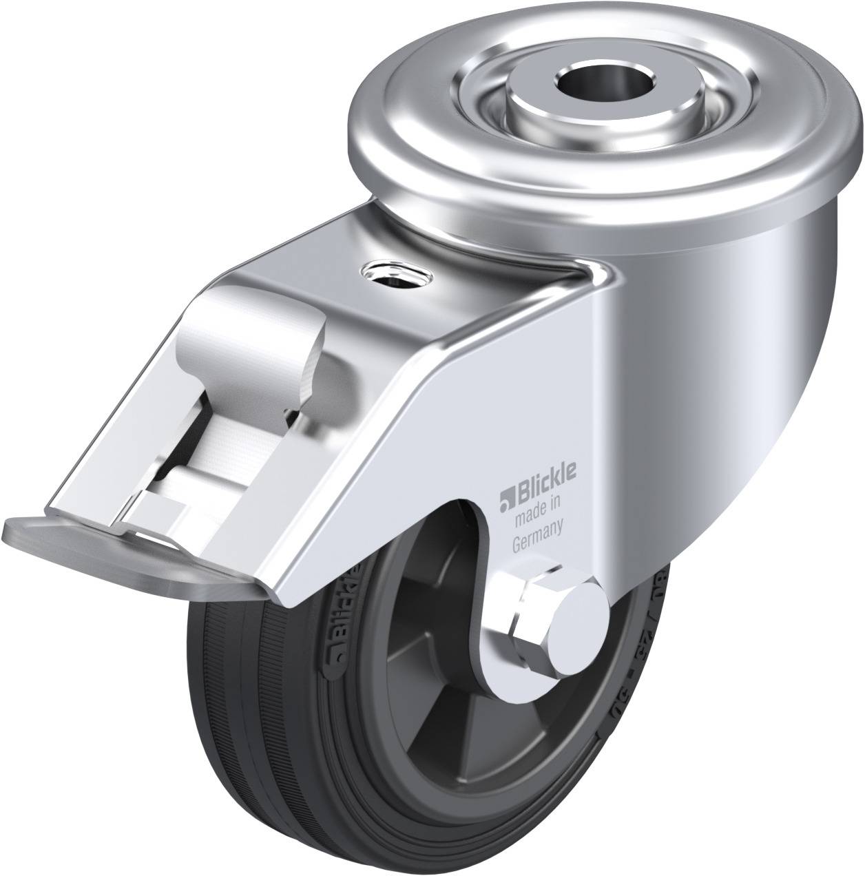 Schwenkbare Lenkrolle mit grauem Rad aus Gummi und silbernem Gehäuse, geeignet für den Einsatz an Rollwagen oder Möbeln.