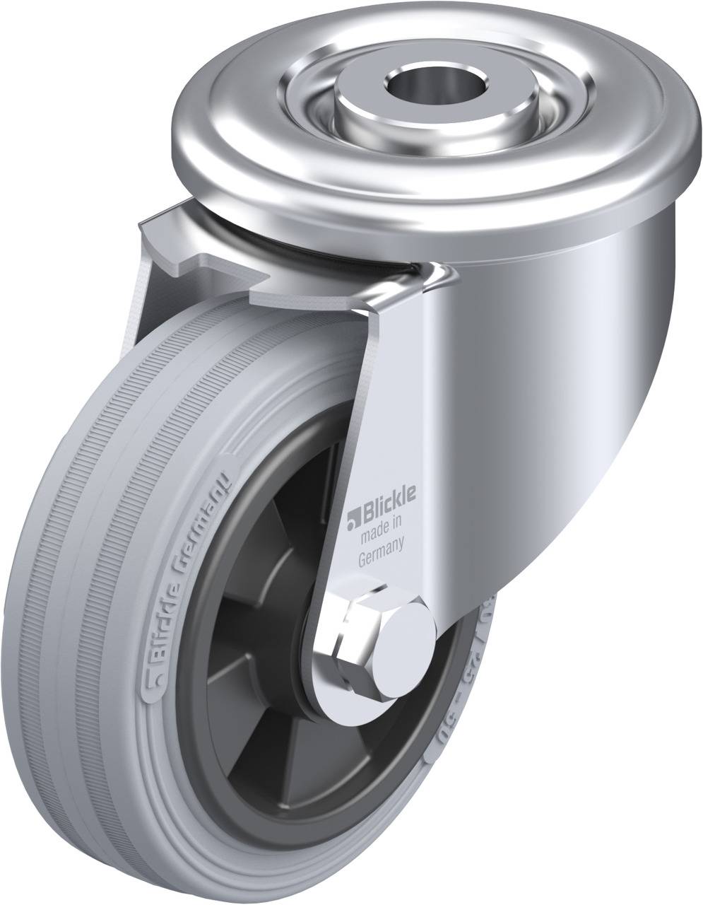 Kugelgelagerte Lenkrolle mit grauem Gummirad und Metallhalterung. Geeignet für Transportwagen oder Industrieausrüstung.