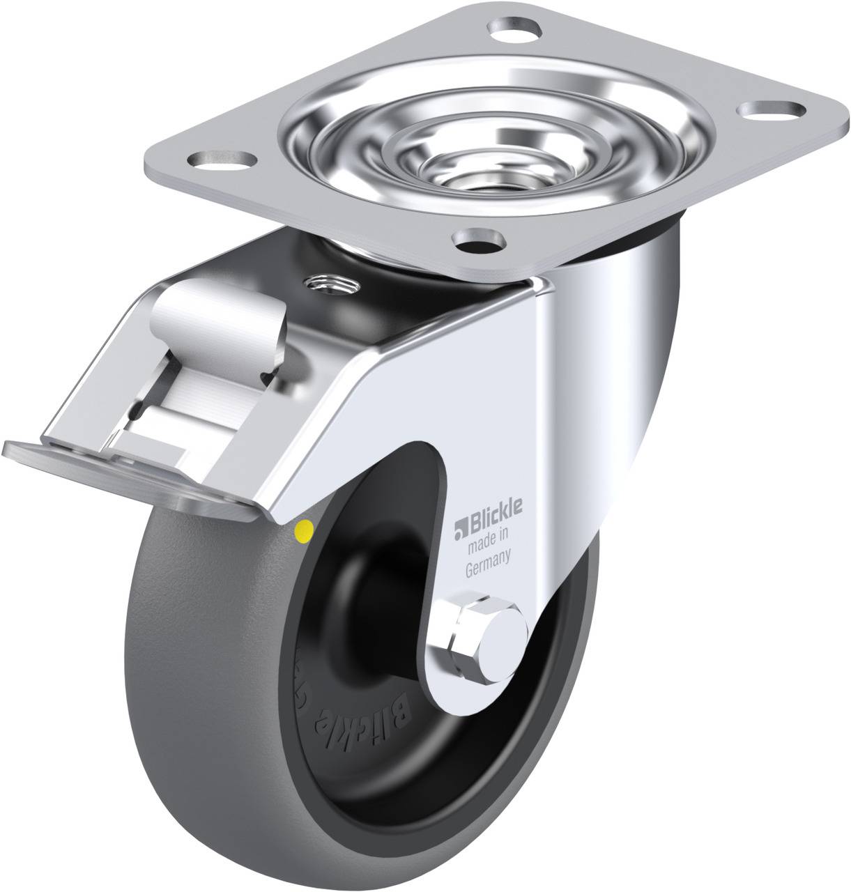 Schwenkrolle mit grauer Gummirolle und silbernem Gehäuse, enthält eine Bremsvorrichtung. Geeignet für Möbel oder Industrieanlagen.