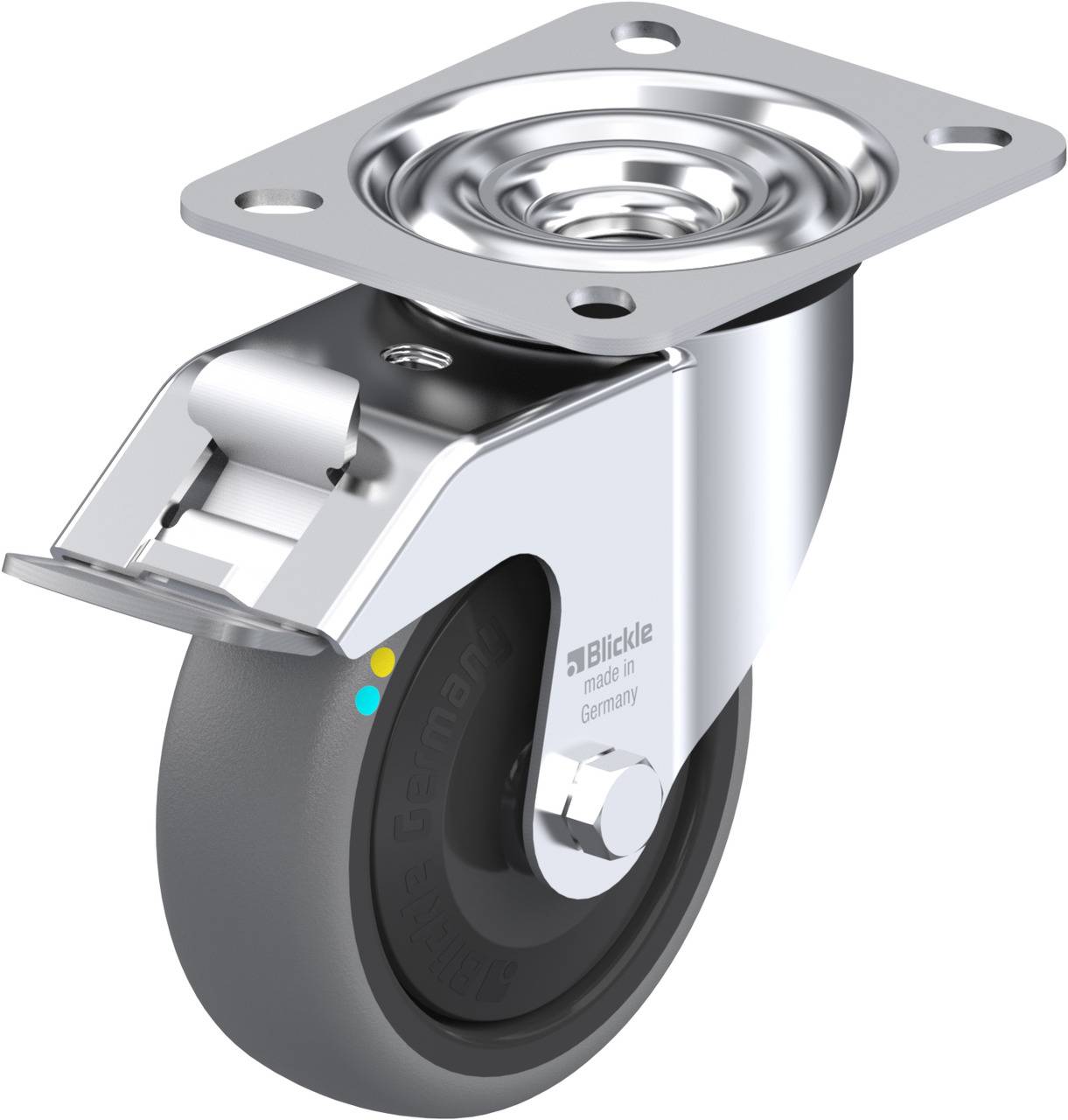 Schwenkrolle mit grauem Rad und Metallgehäuse, seitlich mit Feststellbremse.