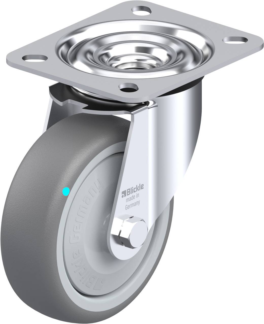 Metallrolle mit grauem Rad und metallener Halterung, geeignet für Möbel oder Geräte, zeigt Funktionsteile wie Drehkranz und Befestigungsplatte.