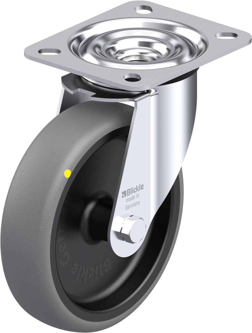 Graue Lenkrolle mit Metallsockel, geeignet für Möbelsysteme und Transportwagen. Verfügt über Kugellager für leichtes Drehen.