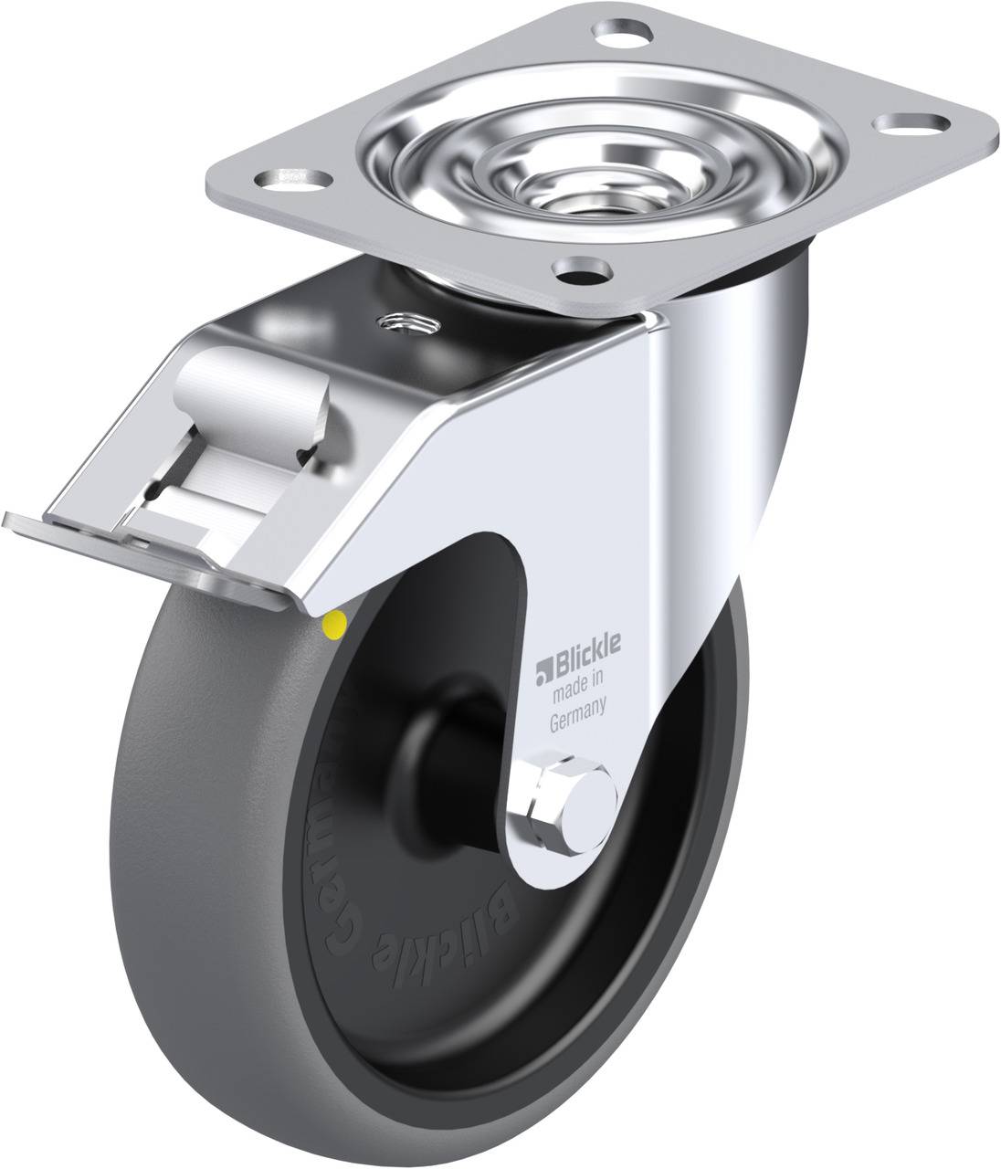 Industrie-Rolle mit grauem Rad und silberner Halterung, geeignet für schwere Lasten. Verwendet in Transportgeräten und Möbeln.