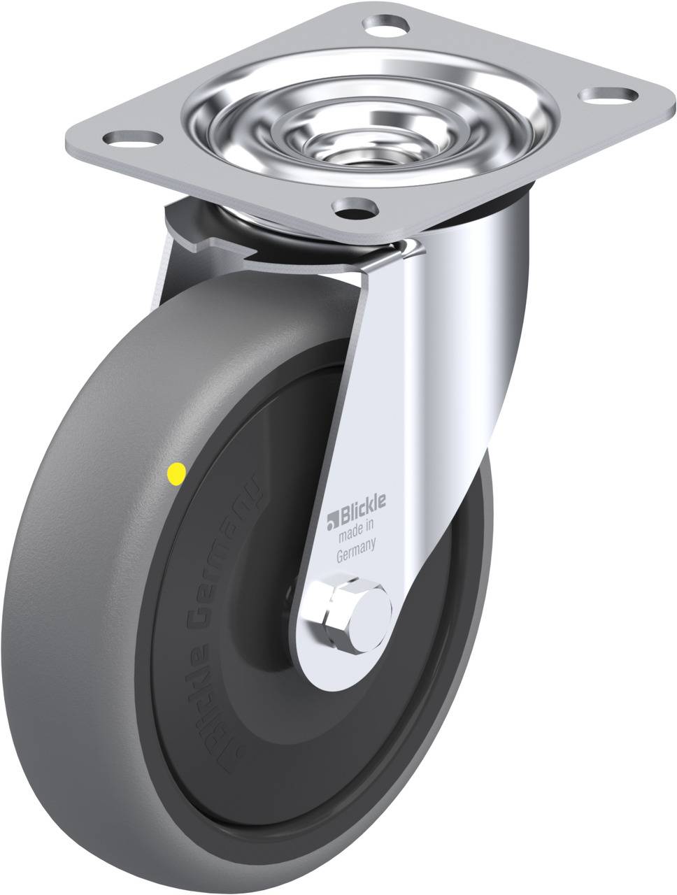 Industrie-Rollenrad aus Metall und Gummi mit Befestigungsplatte, geeignet für den Einsatz an mobilen Geräten oder Möbeln.