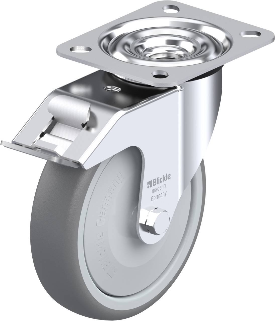Lenkrolle mit grauem Rad und Metallhalterung, geeignet für Möbel- oder Gerätebewegung. Hergestellt in Deutschland.