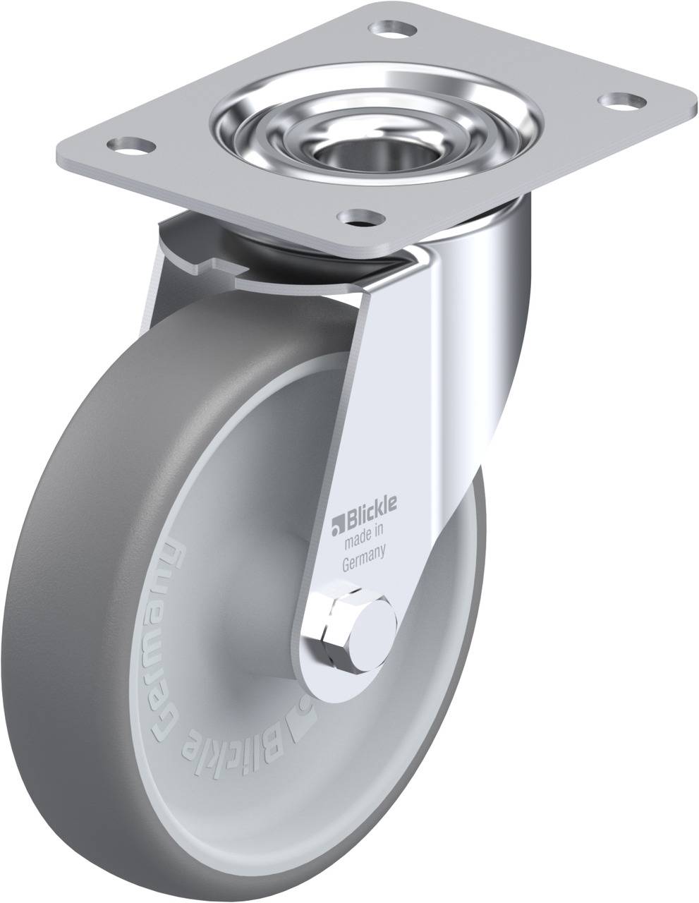Schwenkrolle aus Metall und Kunststoff, geeignet für Möbel oder Industrieanwendungen. Marke 'Blickle', hergestellt in Deutschland.