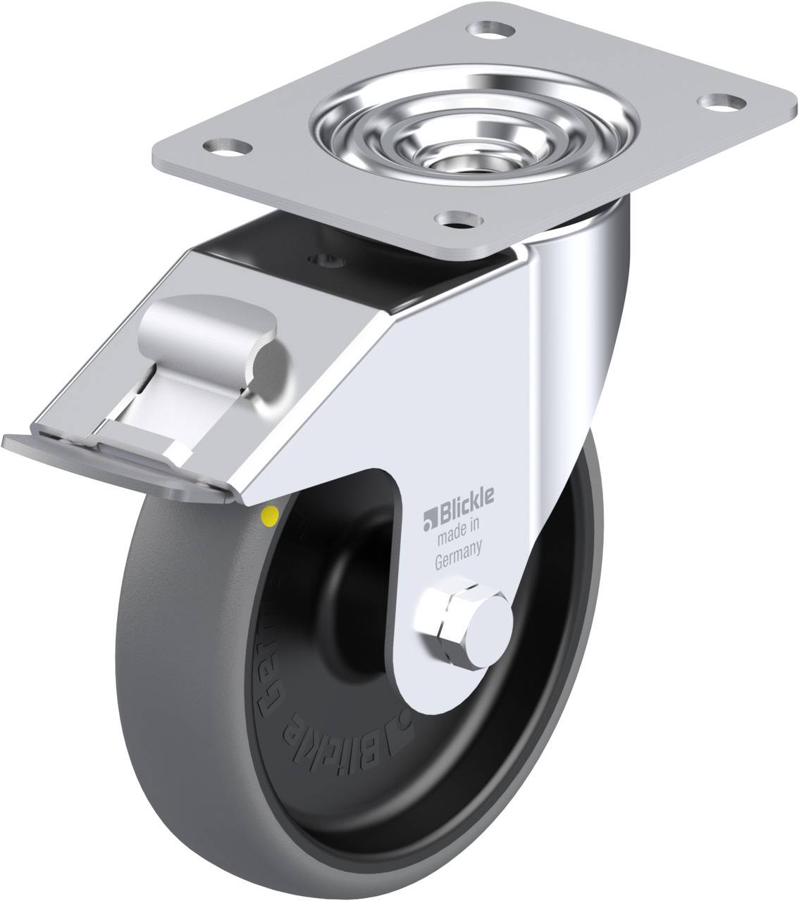 Rollstuhl-Drehgelenkrolle aus Metall und Gummi mit Metallplatte zur Befestigung. Text 'Blickle made in Germany' auf der Seite.