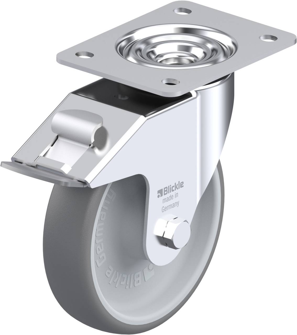 Industrielle Lenkrolle mit grauem Rad und Metallgehäuse, hergestellt in Deutschland, geeignet für vielseitige Anwendungen.