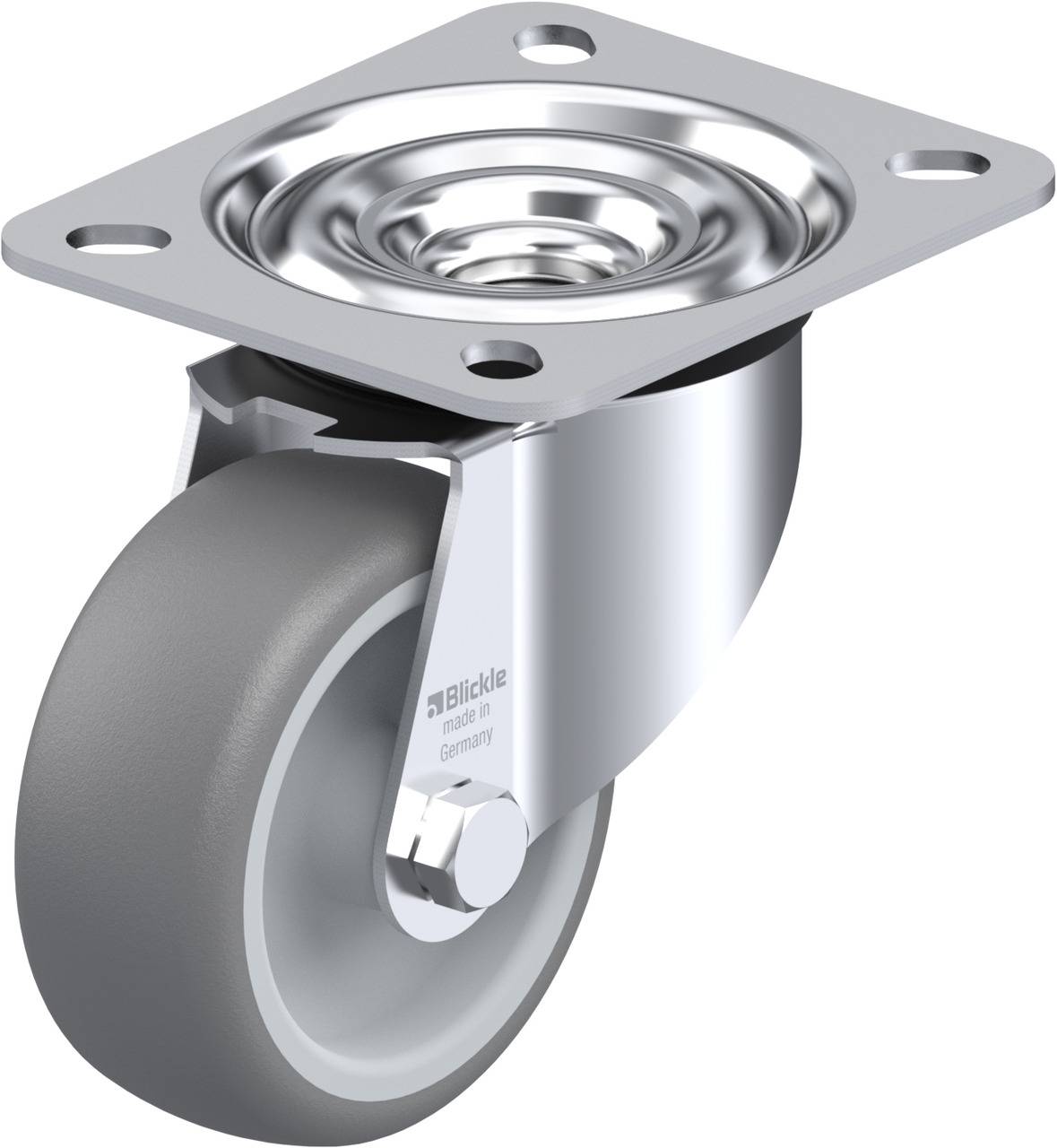 Ein graues, drehbares Bockrad mit Metallhalterung und Anschlussplatte, geeignet für Möbel oder Geräte zur Verbesserung der Mobilität.