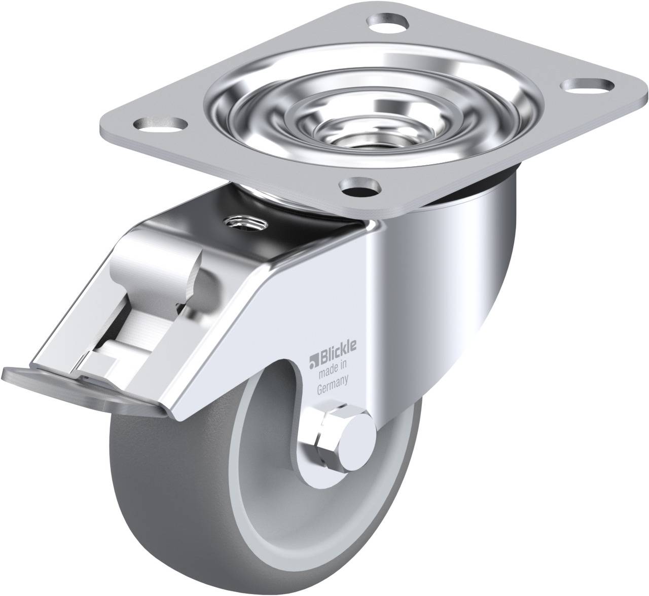 Ein silbernes Laufrollenrad mit grauer Gummiradfläche und Metallplatte zur Befestigung. Wird oft für Möbel und Geräte verwendet.