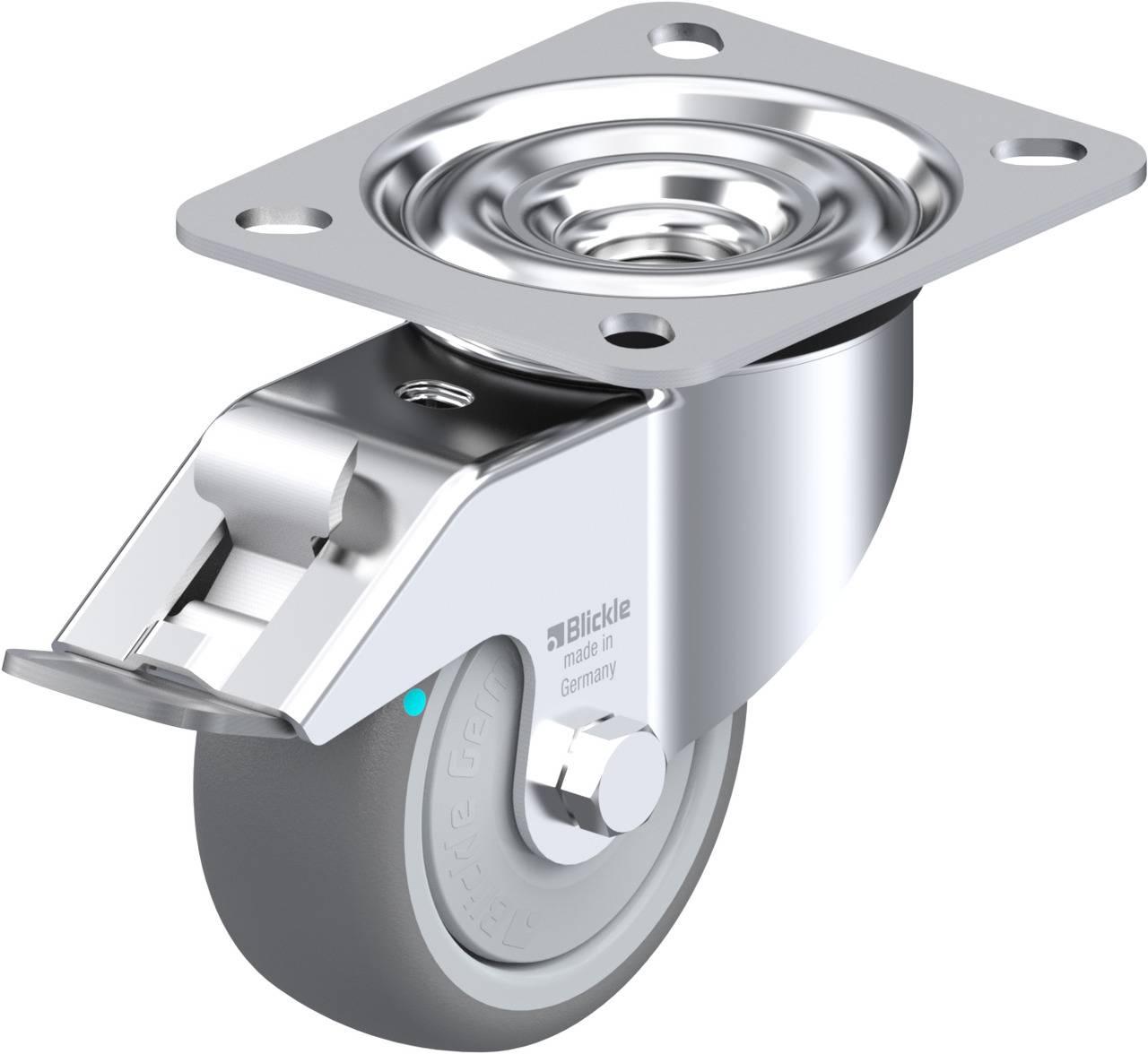 Metallgehäuse-Lenkrolle mit grauem Rad, eingebauter Bremse und rechteckiger Montageplatte. Ideal für Möbel oder Geräte.