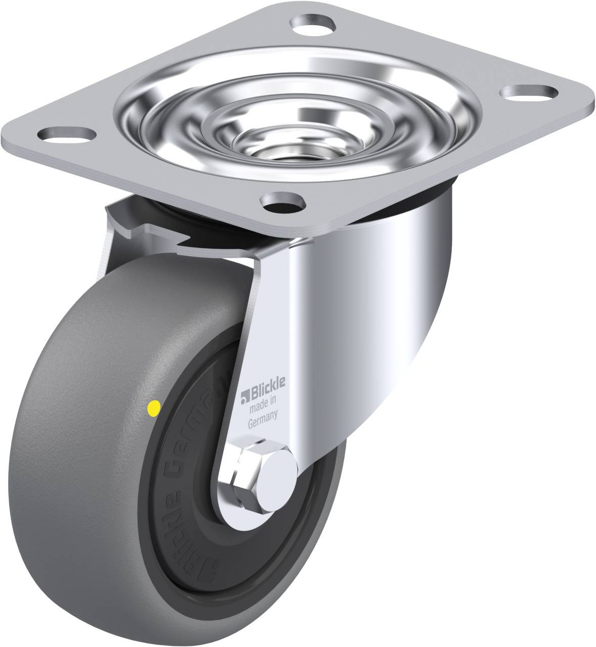 Graue Bockrolle mit feststehender Metallplatte, geeignet für industrielle Anwendungen.