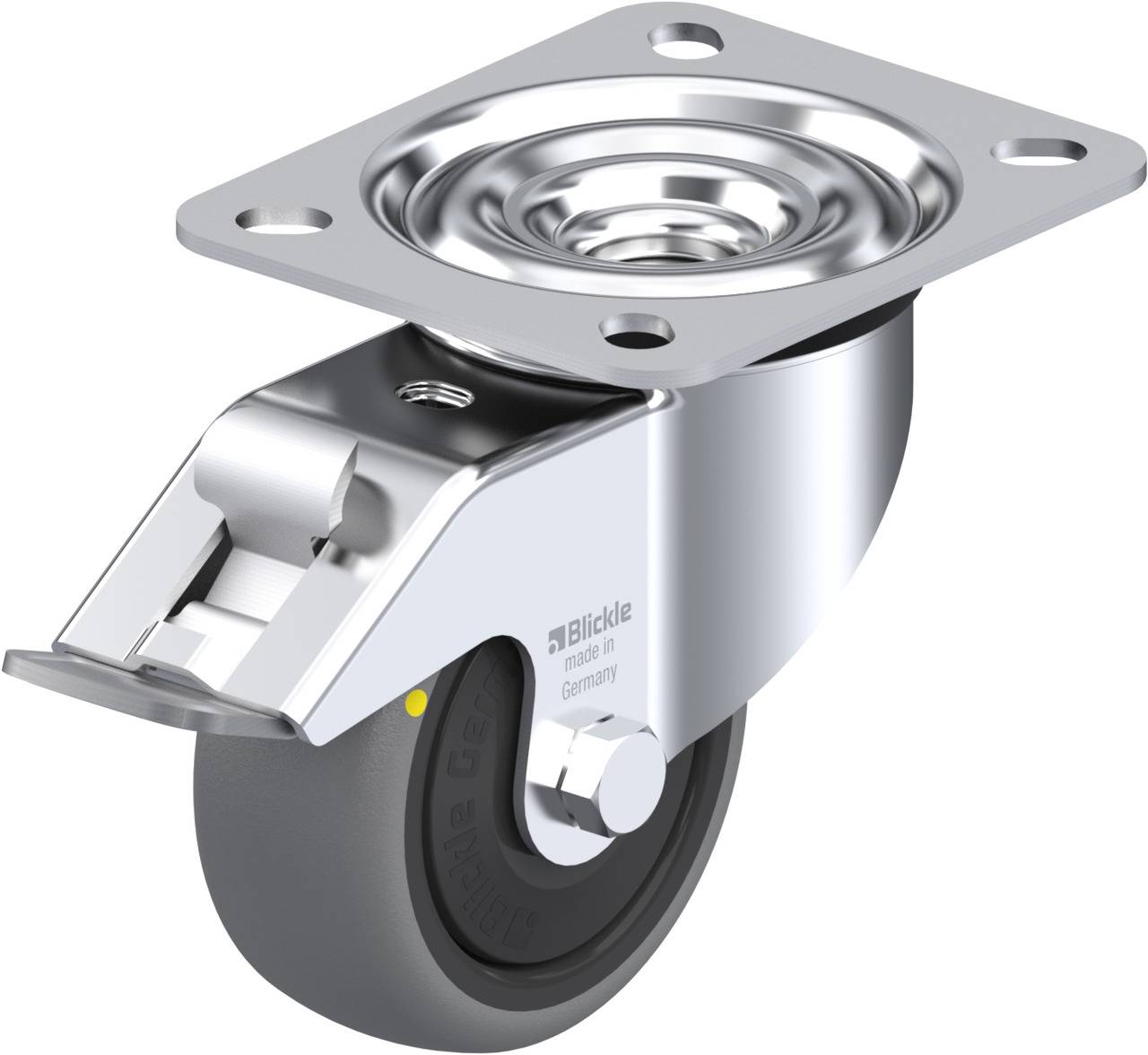 Rollenhalter aus Metall mit schwarzem Rad, geeignet für Industriemöbel, zeigt eine obere Montageplatte und rotierendes Gelenk.