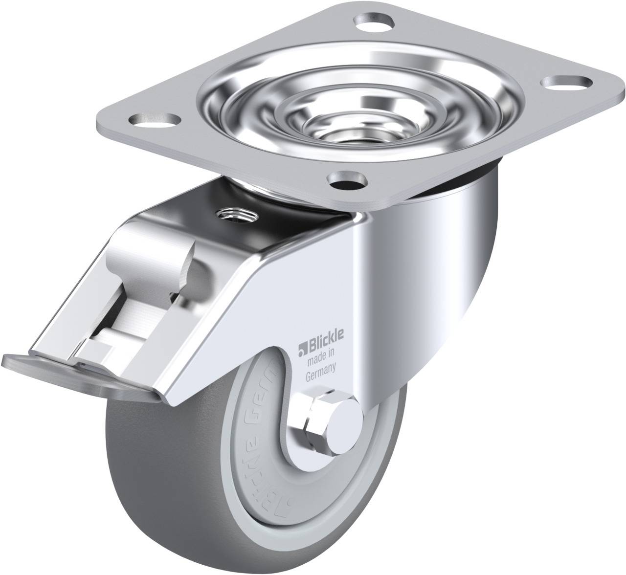 Rollenbremse aus Metall mit grauem Rad und Montageplatte, geeignet für Möbel oder Geräte, auf weißem Hintergrund abgebildet.