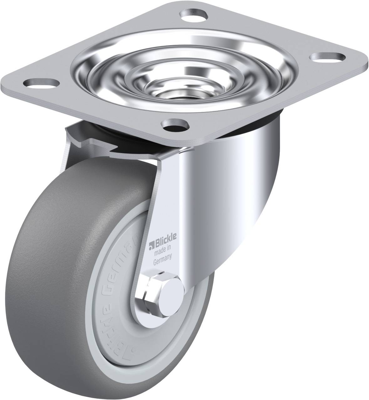 Ein graues, drehbares Laufrolle mit silbernem Metallgehäuse und Befestigungsplatte, geeignet für Möbel oder Geräte.