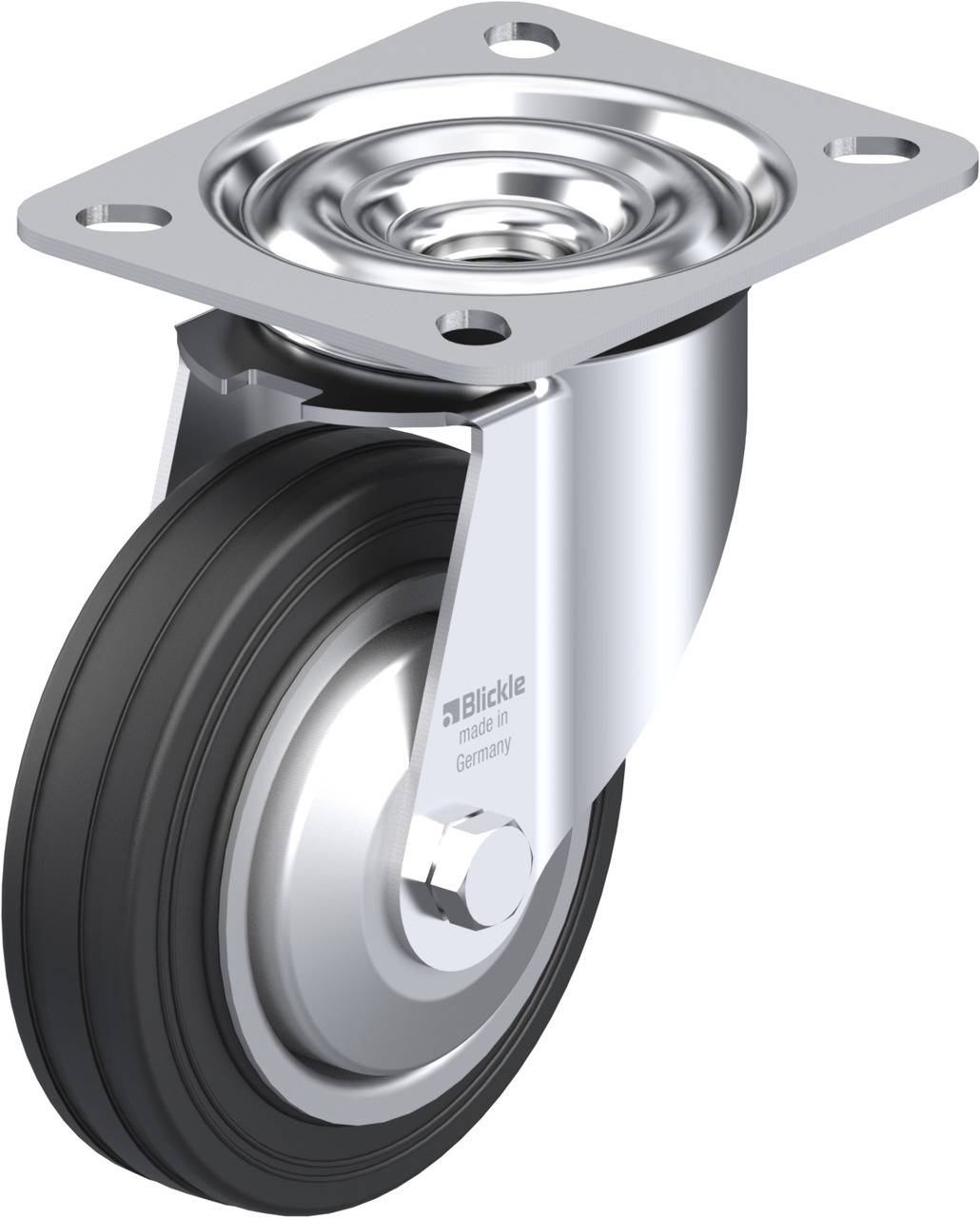 Gummirad mit Metallhalterung und Montagesockel, geeignet für Möbel oder Transportwagen. Verwendet bei Rädern für einfache Bewegung.