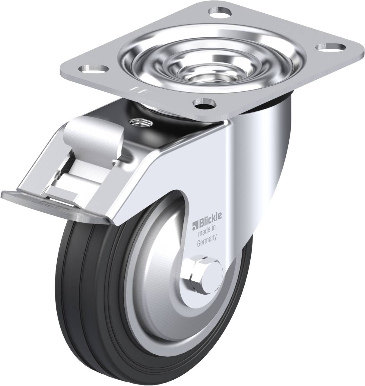 Metallisches Lenkrolle mit festem Gehäuse und schwarzem Gummirad, geeignet für Möbel oder Transportgeräte, Aufdruck: 'Blickle'.