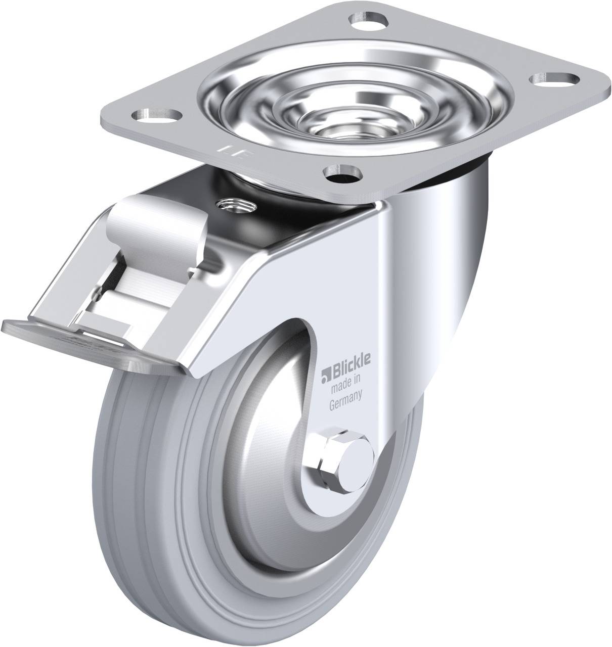 Ein silbernes Lenkrollenrad aus Metall mit rechteckiger Befestigungsplatte und integriertem Bremsmechanismus, geeignet für Möbel.