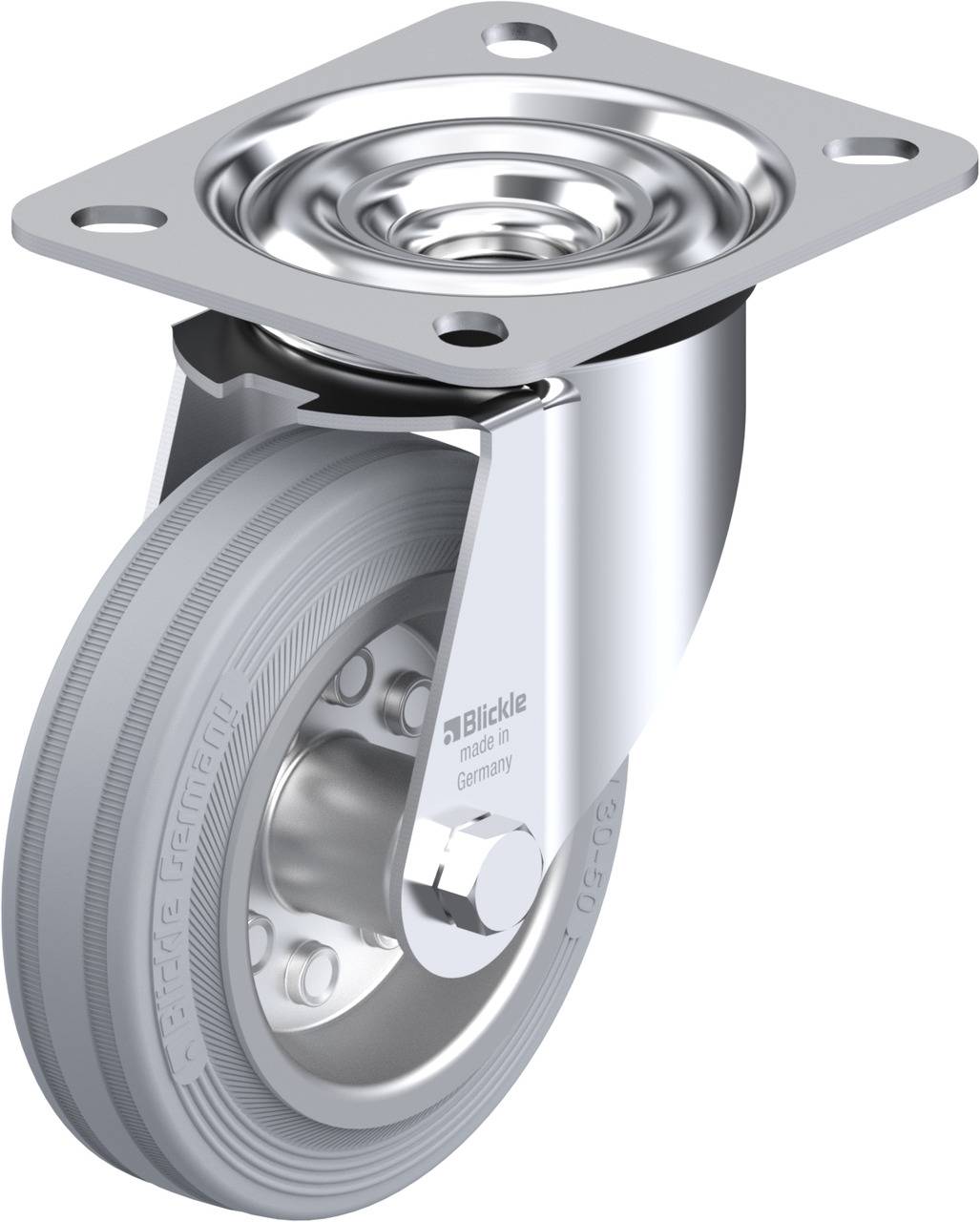 Schwenkrolle aus Metall mit grauem Rad, befestigt an einer rechteckigen Platte mit vier Löchern, geeignet für industrielle Anwendungen.