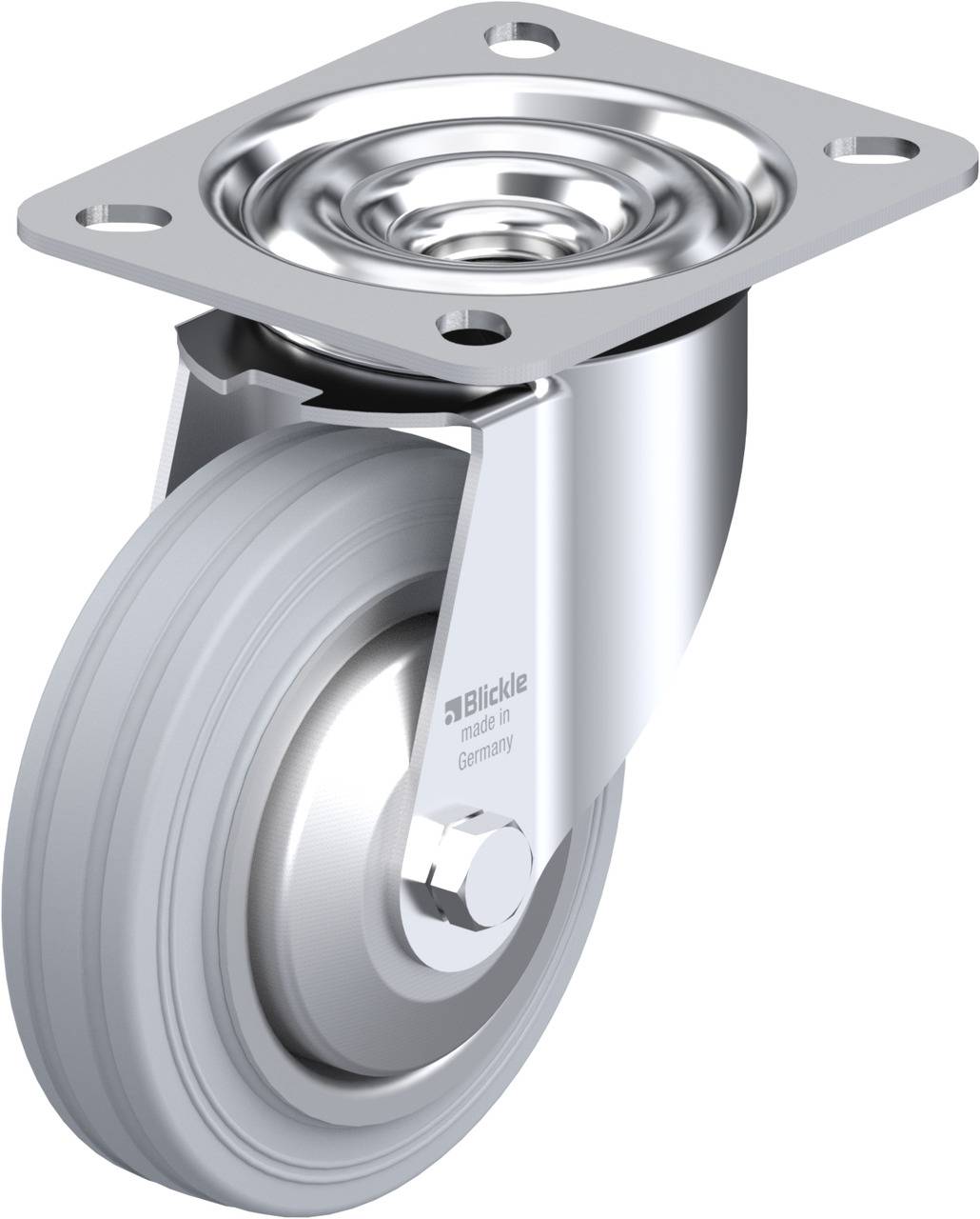 Schwenkrolle aus Metall mit grauem Rad, geeignet für Möbel oder Transportgeräte. Herstellermarke 'Blickle' auf der Befestigungsplatte.
