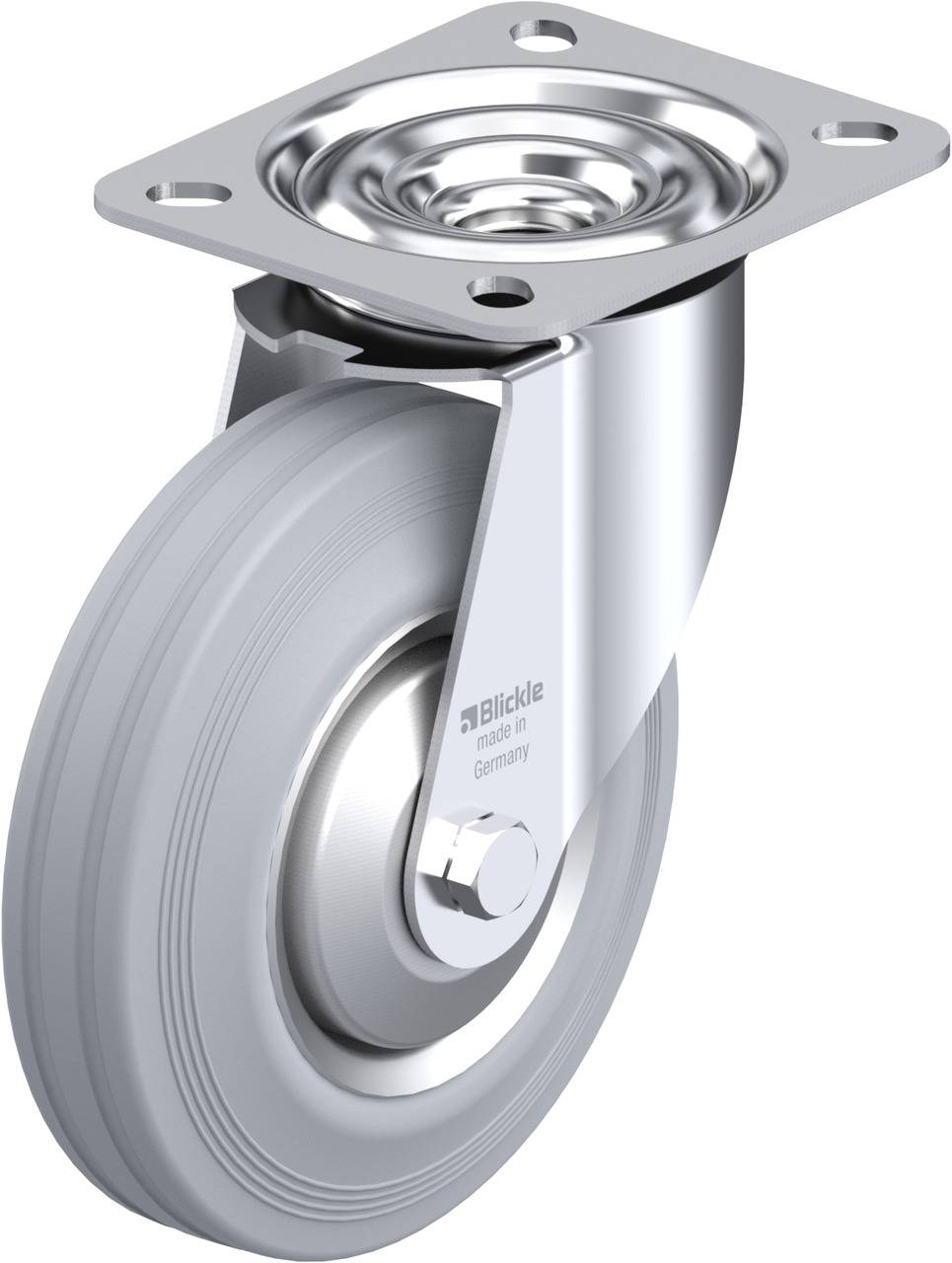 Graue Transportrolle aus Metall und Kunststoff mit Befestigungsplatte, seitlicher Aufschrift 'Blickle 200 kg Germany'.