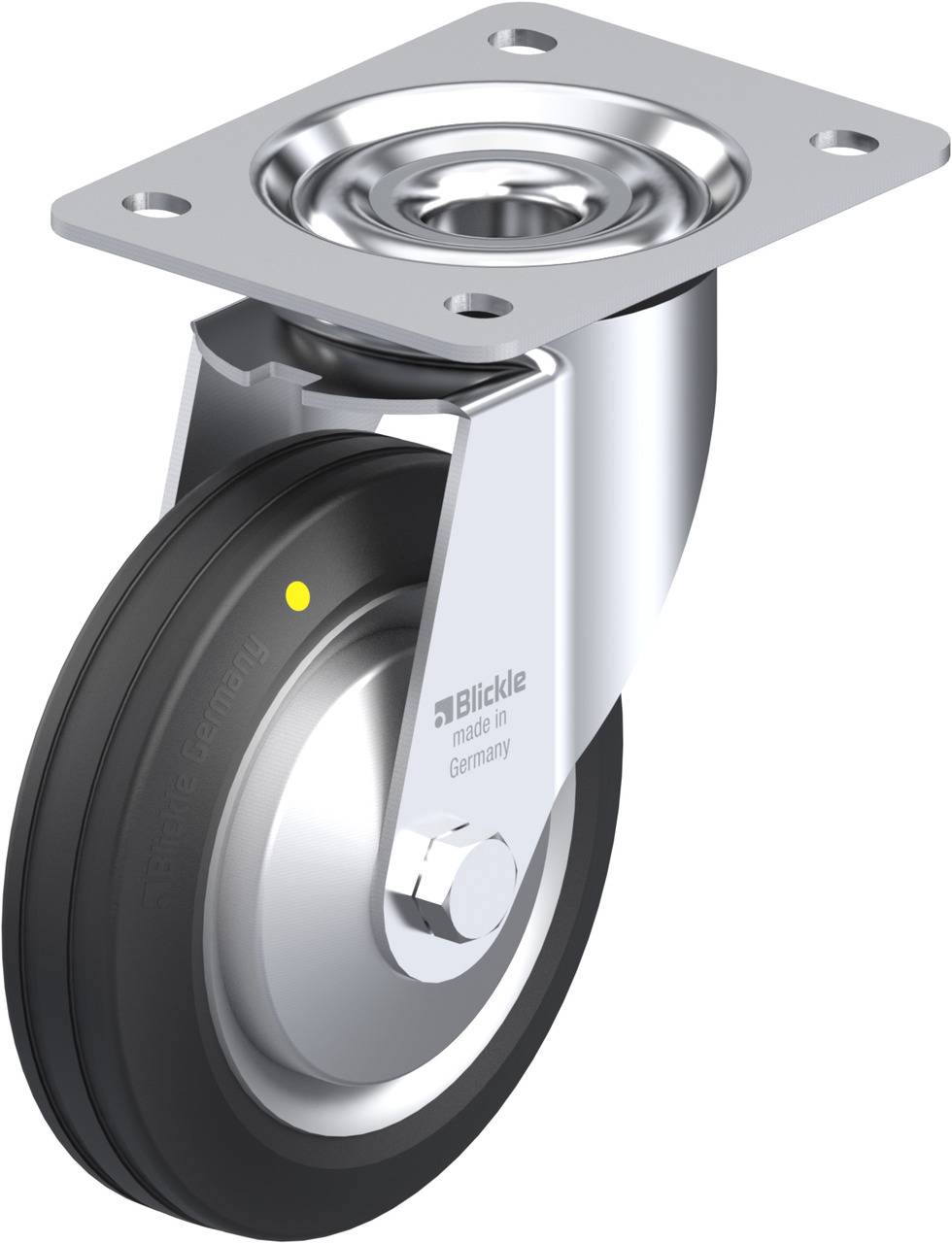 Ein silbernes Lenkrollenrad mit schwarzem Gummi und grauer Metallplatte, markiert mit 'Blickle made in Germany'.