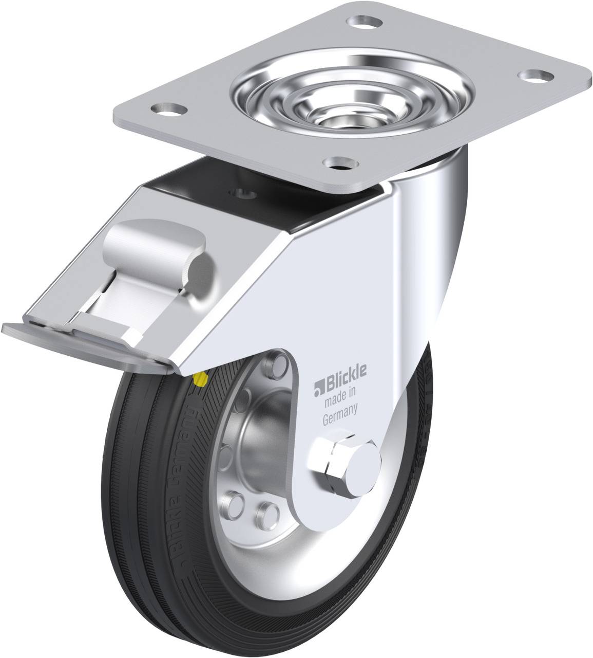 Rollen mit Metallgehäuse und Bremse, geeignet für den industriellen Einsatz. Markierung 'Blickle, made in Germany' sichtbar.