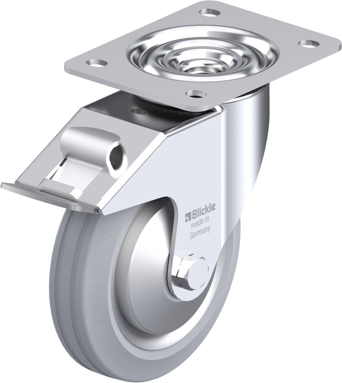 Schwenkrolle aus Metall mit grauem Rad und quadratischer Platte oben; robustes Design für Möbel oder Industrieanwendungen.