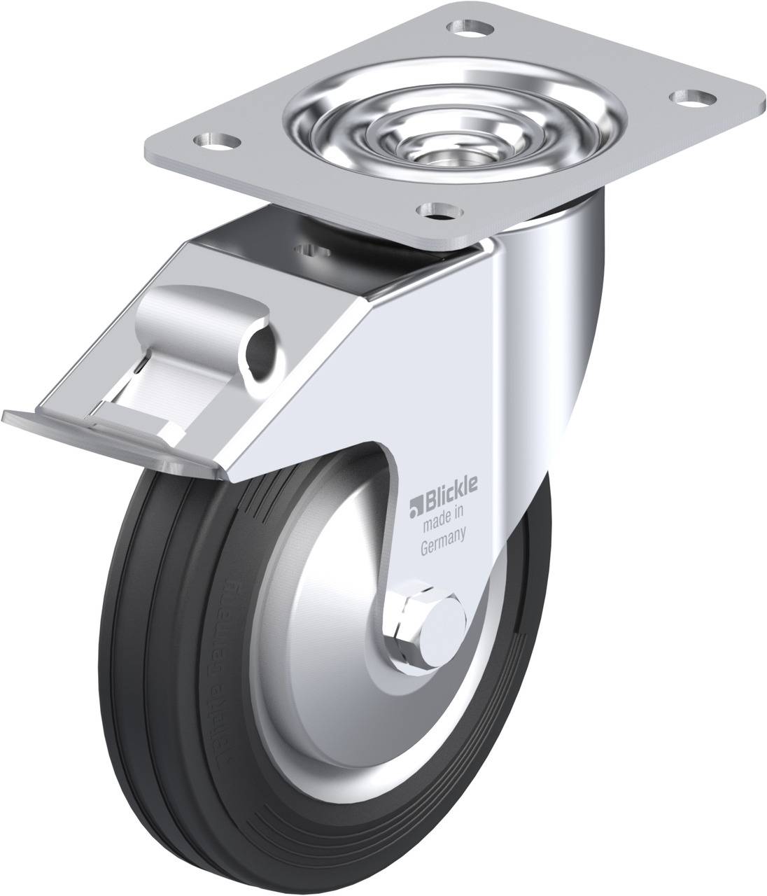 Schwenkrolle aus Metall mit schwarzem Gummirad, Montagesockel oben. Designed für leichte Mobilität von Gegenständen.