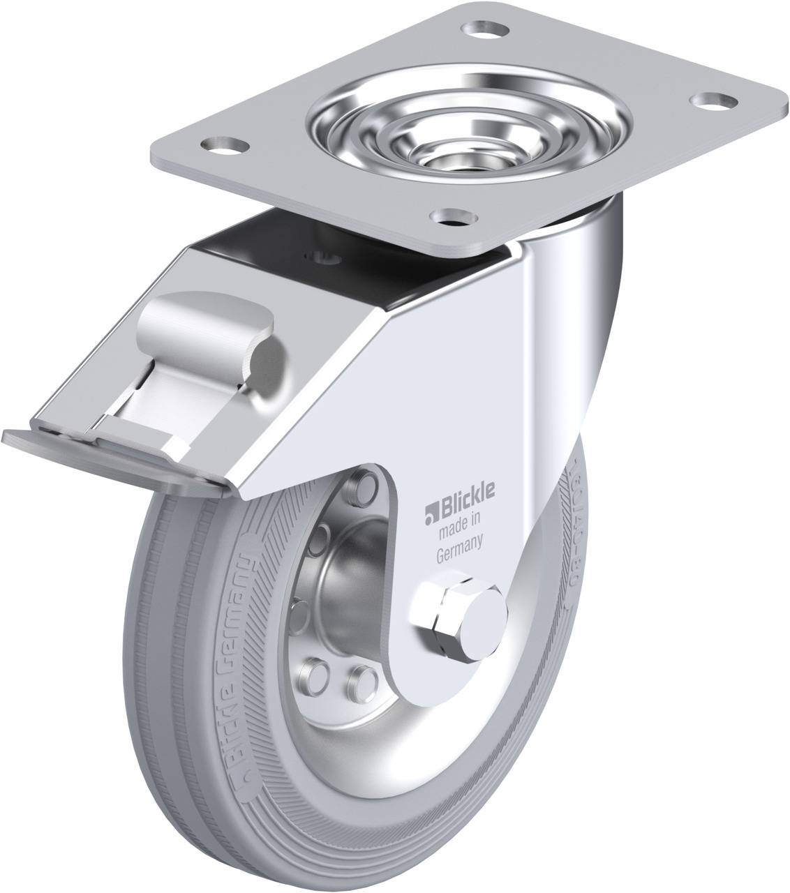 Drehbares Metall-Lenkrollenrad mit grauer Reifung, Befestigungsplatte und Bremse, ideal für bewegliche Möbel oder Geräte.