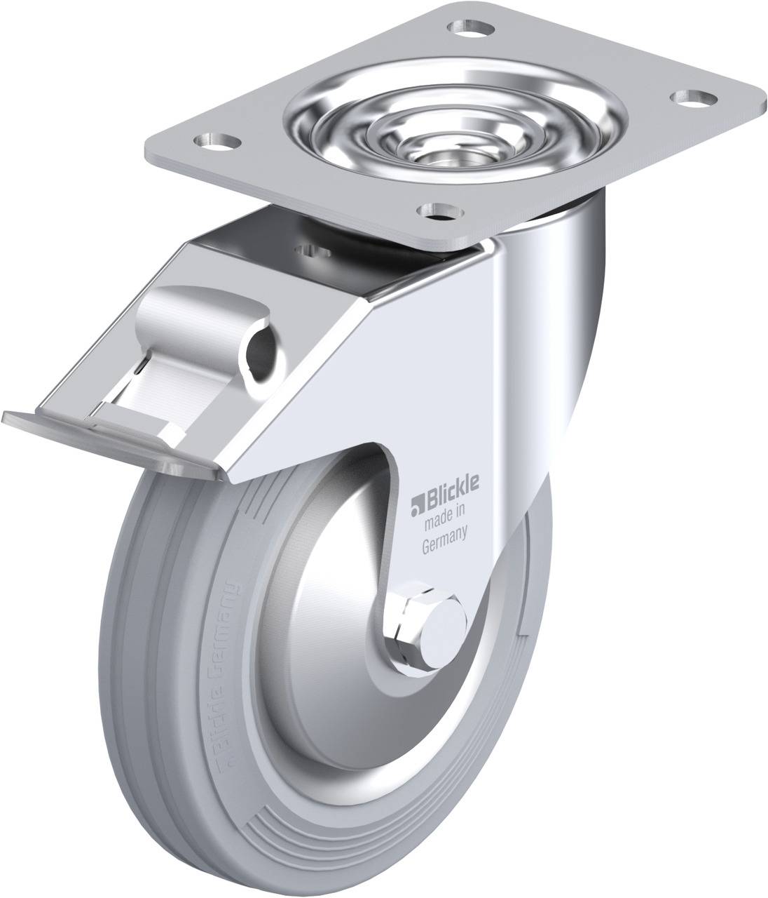 Schwenkrolle aus Metall mit grauem Rad und Befestigungsplatte.