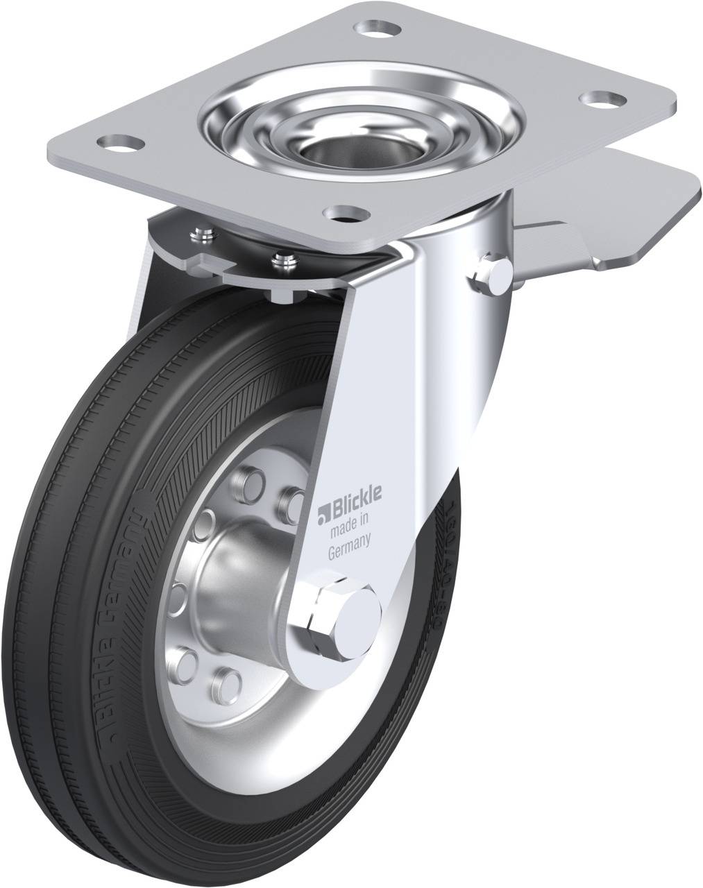 Metallrolle mit Drehgelenk und Halterung, schwarzer Gummireifen, markiert mit 'Blickle made in Germany'.