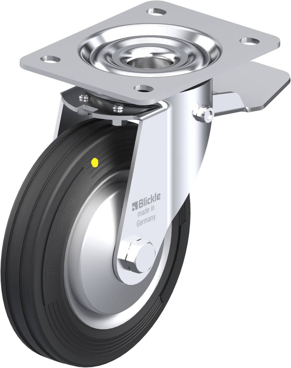 Ein drehbares Lenkrolle mit schwarzem Rad und silberner Metallhalterung. Darauf ist der Text 'made in Germany' zu sehen.