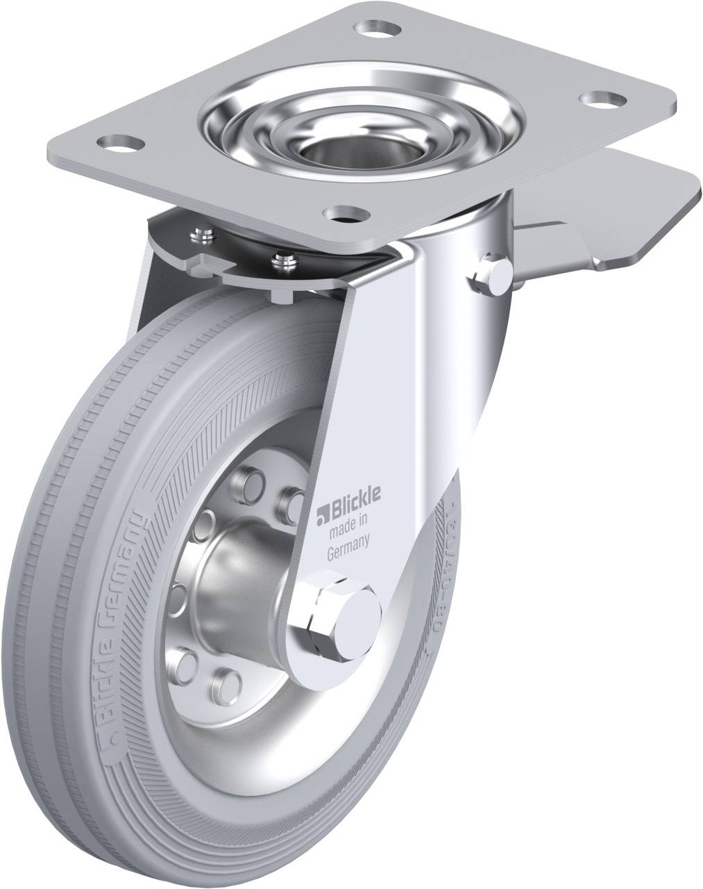 Industrie-Lenkrolle aus Metall mit grauer Gummibereifung, geeignet für glatte Oberflächen, gezeigt mit Montageplatte.