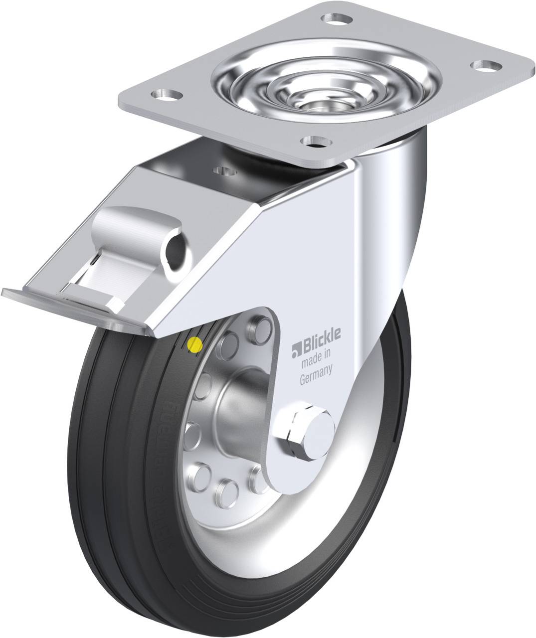 Metallisches, drehbares Lenkrolle mit schwarzem Gummirad und Befestigungsplatte. Auf der Seite steht 'Blickle made in Germany'.