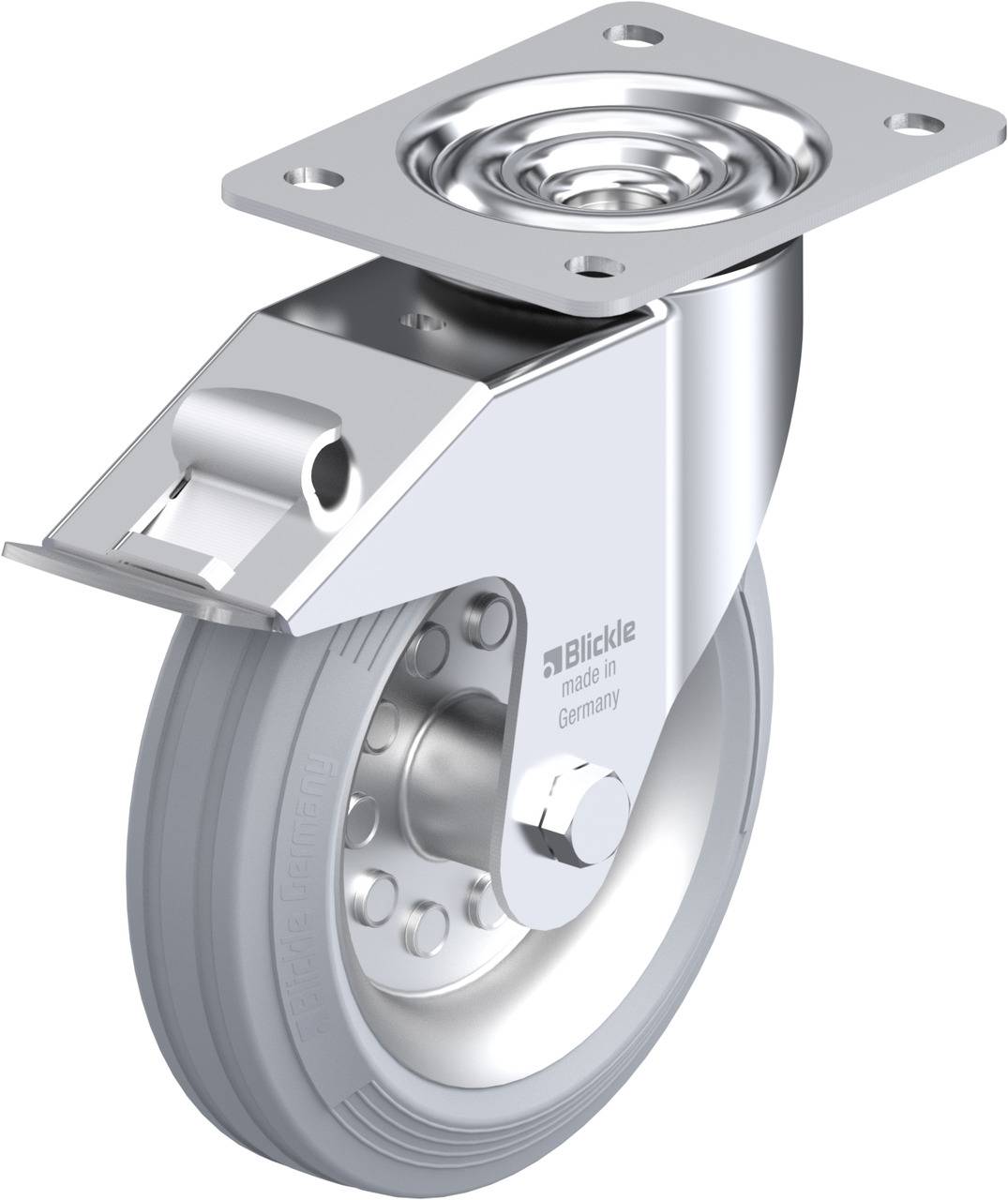 Metallisches, schwenkbares Möbelrad mit grauer Gummibereifung, geeignet für glatte Oberflächen und leichten Transportbedarf.