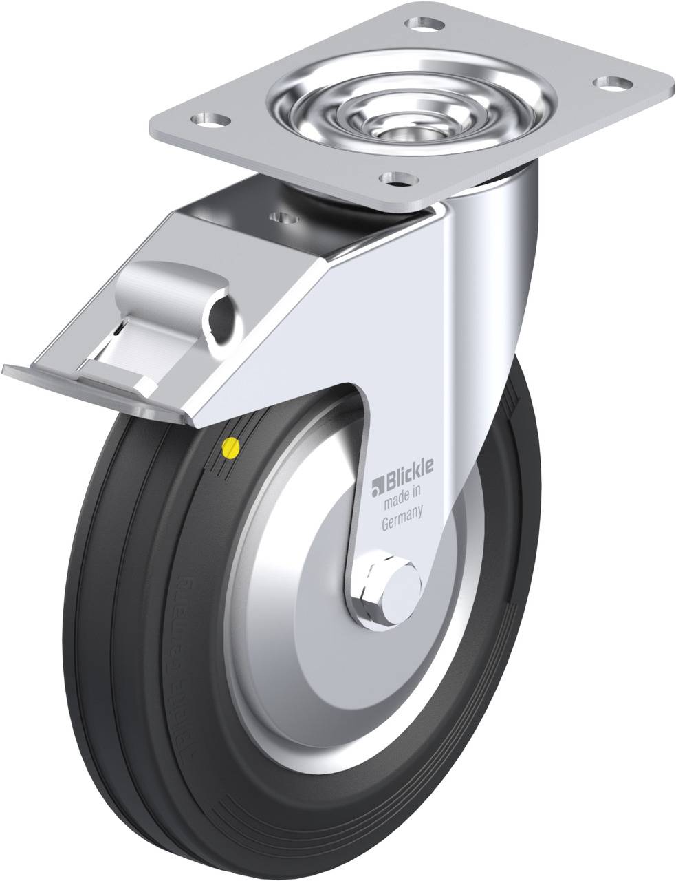 Rolle mit schwarzem Rad und silbernem Halter, montierbar an Möbel oder Industrieanlagen, zeigt Markenname 'Blickle'.