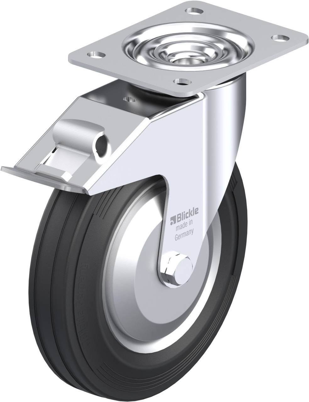 Industrie-Lenkrolle aus Metall mit schwarzem Gummirad, drehbare Aufhängung. Geeignet für schwere Lasten und einfache Bewegung.