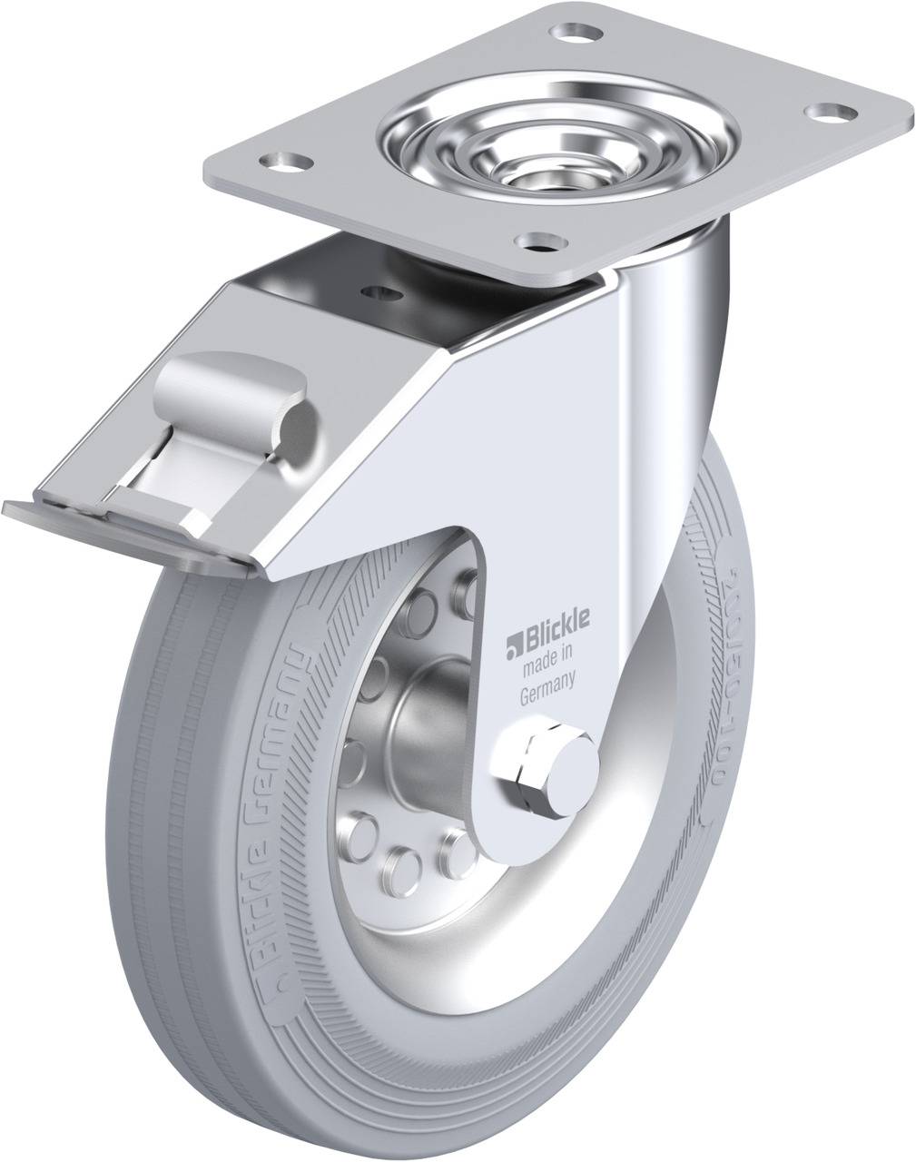 Schwenkrolle mit grauem Rad und rechteckiger Montageplatte, geeignet für Möbel oder Geräte, aus Metall gefertigt.