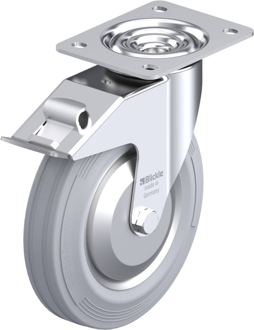 Schwenkrolle aus Metall mit grauem Rad, geeignet für Möbeldesign oder Transportmittel.